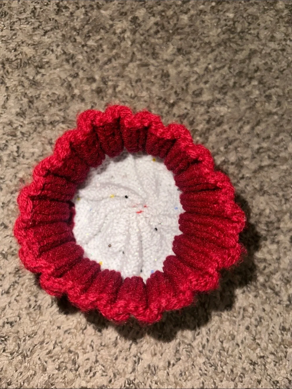 Kids Red Cupcake Beanie Hat with White Frosting, Beaded Sprinkles and Cherry